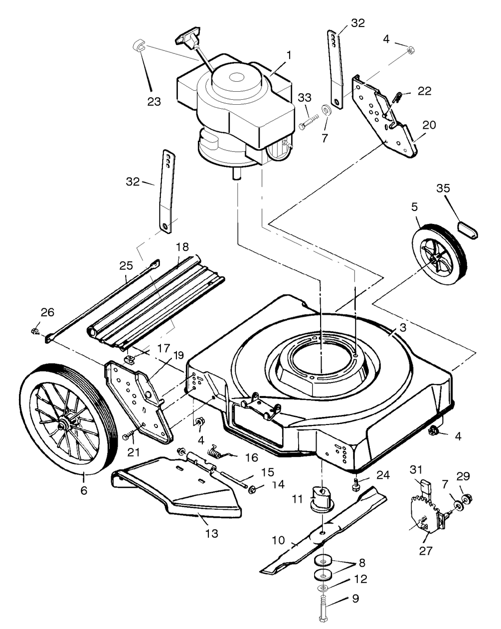 Mower Housing Assembly Diagram and Parts List for 22547C 1996 Briggs and Stratton Lawn Mower